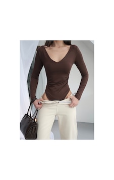 Paw Garage Kadın V Yaka Polyamid Bodysuit Kahverengı Paw Garage Kadın V Yaka Polyamid Bodysuit Kahverengı