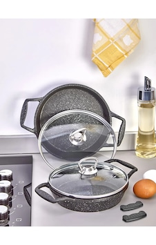 Esivitalia Döküm Granit Cam Kapaklı Sahan Seti 18 Cm Ve 20 Cm Esivitalia Döküm Granit Cam Kapaklı Sahan Seti 18 Cm Ve 20 Cm