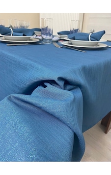 Keten Görünümlü Simli Dertsiz Masa Örtüsü Indigo Mavi Keten Görünümlü Simli Dertsiz Masa Örtüsü Indigo Mavi
