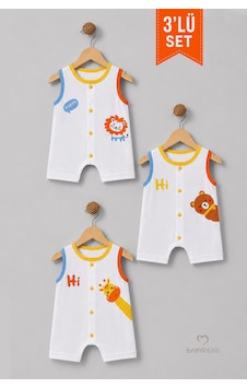 Babyden's Erkek Bebek Şortlu Tulum 3'lü Set % 100 Pamuklu Kolsuz Çıtçıtlı Yazlık Safari Baskılı Yenidoğan Bebek Tulumu Çok Renkli