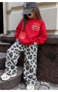 Monila Kız Çocuk Kırmızı Baskılı Pamuklu Sweatshirt Ve Gri Leopar Baskılı Eşofman Alt Üst Takım