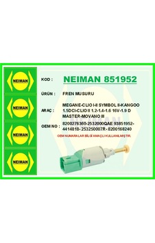Bescher Fren Müşürü Megane-clıo I-ıı Symbol Iı-kangoo 1.5dcı-clıo Iı 1.2-1.4-1.6 16v-1.9d Master-movano Iıı Neıman 851952 8200276360 2532000qae Bescher Fren Müşürü Megane-clıo I-ıı Symbol Iı-kangoo 1.5dcı-clıo Iı 1.2-1.4-1.6 16v-1.9d Master-movano Iıı Neıman 851952 8200276360 2532000qae
