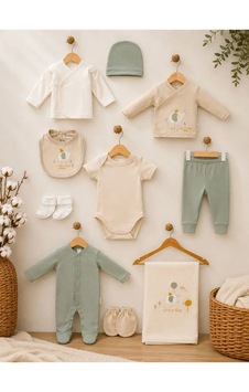 Ferasty İstanbul Unisex Bebek Zıbın Seti 10'lu Fil Desenli Beyaz Yeşil