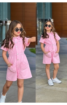Miniğimin Cicileri Kalp Cepli Kot Şortlu Kız Çocuk Tulum - Pembe Miniğimin Cicileri Kalp Cepli Kot Şortlu Kız Çocuk Tulum - Pembe