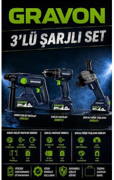 Gravon Şarjlı 3'lü Set 20v 4ah Şarjlı Somun Sökme-köşe Taşlama-matkap Vidalama Gravon Şarjlı 3'lü Set 20v 4ah Şarjlı Somun Sökme-köşe Taşlama-matkap Vidalama