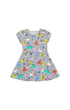 Lovetti Kız Çocuk Rainbow Unicorn Pattern Short Sleeves Flared Dress 5910-87 Çok Renkli