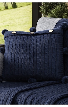 Ponponlu Triko Örme Kırlent Kılıfı - 40x40 Cm Kare Yastık Kılıfı Lacıvert Lacivert