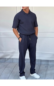 Modefendi Kesik Yaka Kalın Fitil Tshirt'lü Alt Üst Takım Lacivert