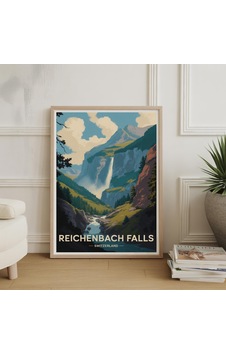 Reichenbach Şelaleleri İsviçre Seyahat Posteri Manzaralı Alp Doğası Sanatı