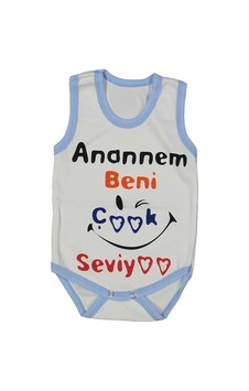 Bebegen Unısex Beyaz Mavi Biyeli Anaannem Beni Seviyor Yazılı Askılı Zıbın Bebegen Unısex Beyaz Mavi Biyeli Anaannem Beni Seviyor Yazılı Askılı Zıbın