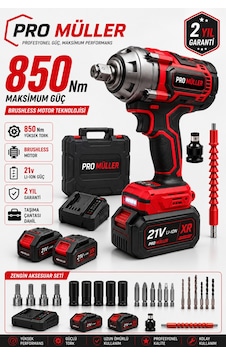 Pro Müller Profesyonel Series 21v Çift Akülü 850nm Torklu Bl Motor Şarjlı Darbeli Somun Sıkma Sökme Makinesi Setli Pro Müller Profesyonel Series 21v Çift Akülü 850nm Torklu Bl Motor Şarjlı Darbeli Somun Sıkma Sökme Makinesi Setli