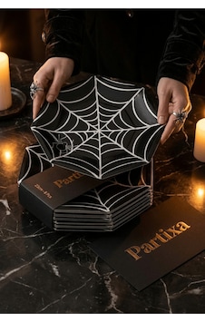 Cadılar Bayramı Örümcek Ağı Siyah Sekizgen Kağıt Tabak 23 Cm 8'li Paket - Halloween Parti Tabağı Çok Renkli
