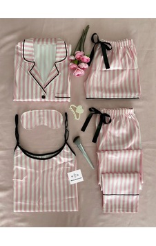 Mh Moony Homewears 5'li Premium Saten Pembe Çizgili Set PEMBE