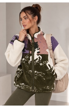 Vadon 1061 Kadın Geyik Ve Orman Desenli Yandan Cepli Fermuarlı Polar Sweatshirt Haki Vadon 1061 Kadın Geyik Ve Orman Desenli Yandan Cepli Fermuarlı Polar Sweatshirt Haki