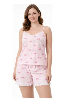 Tenra Kadın Pembe Çizgili Fiyonk Desenli İp Askılı Şortlu Pijama Takımı Dantel Detaylı Tenra Kadın Pembe Çizgili Fiyonk Desenli İp Askılı Şortlu Pijama Takımı Dantel Detaylı