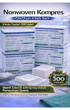 Nonwoven Kompres 7,5x7,5 Cm 4 Katlı Steril 100 Adet Kumaş Dokulu Pansuman Spanç 3 Kutu Nonwoven Kompres 7,5x7,5 Cm 4 Katlı Steril 100 Adet Kumaş Dokulu Pansuman Spanç 3 Kutu