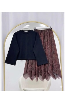 Lovie Moda Basic Bluz Asimetrik Kesim Astarlı Şifon Etekli Takım Siyah-bordo Lovie Moda Basic Bluz Asimetrik Kesim Astarlı Şifon Etekli Takım Siyah-bordo