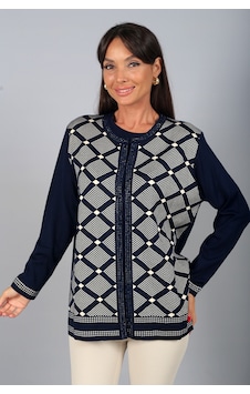By Saygı Kadın Kısa Kollu Bluz Taş Detaylı Önü Bordürlü Geometrik Desen Büyük Beden Triko 2'li Takım Lacivert By Saygı Kadın Kısa Kollu Bluz Taş Detaylı Önü Bordürlü Geometrik Desen Büyük Beden Triko 2'li Takım Lacivert