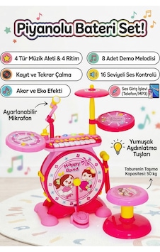 Bateri Seti Piyanolu Işıklı - Mikrofonlu, Tabureli Ve Mp3 Bağlantılı Çocuk Müzik Eğitim Seti