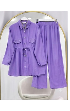 Lovie Moda Kapak Taşlı Jakar Pantolonlu İkili Takım Mor Lovie Moda Kapak Taşlı Jakar Pantolonlu İkili Takım Mor