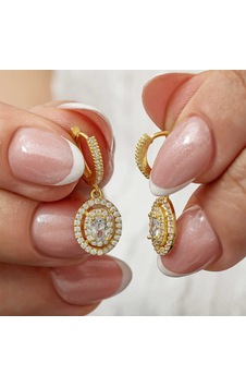 Gümüş Gold Oval Taşlı Sallantılı Küpe Gold Gümüş Gold Oval Taşlı Sallantılı Küpe Gold