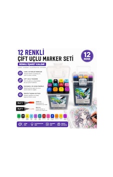 12 Renk Çift Uçlu Marker Kalem Seti Taşıma Kutulu Profesyonel Renkli İşaret Kalemi
