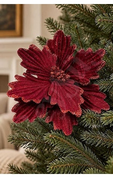 Yılbaşı Bordo Kadife Simli Ata Çiçek 18 Cm Kırmızı - Yeşil Yılbaşı Bordo Kadife Simli Ata Çiçek 18 Cm Kırmızı - Yeşil