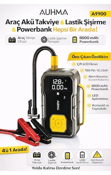 Auhma A9900 4'ü 1 Arada Akü Takviyeli Şarjlı Hava Pompası 8.000 Mah Powerbank & Dijital Fener Auhma A9900 4'ü 1 Arada Akü Takviyeli Şarjlı Hava Pompası 8.000 Mah Powerbank & Dijital Fener