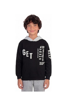 Onloox Erkek Siyah Erkek Çocuk Siyah Pamuklu İki İplik Kapüşonlu Tam Kalıp Yazı Baskılı Sweatshirt 8-9 Yaş
