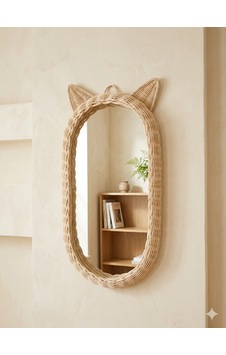 Rattan Bambu Çocuk Odası Kedi Kulaklı Boy Aynası 30x60 Ekru