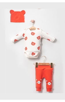 Modam Bebek Ayıcık Baskılı Şapkalı 3'lü Unisex Bebek Takım Turkuaz