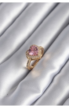 Pirinç Gold Renk Pembe Zirkon Taşlı Kalp Model Kadın Yüzük Çok Renkli