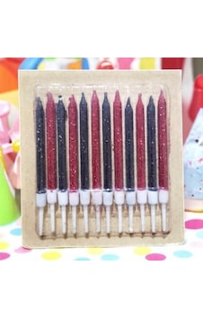 Doğum Günü Pasta Mumu Kırmızı Siyah 12 Adet Simli Mum 10 Cm Kutlama Mumu