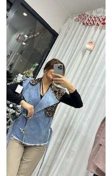 Daves Leopar Desenli Belden Bağlamalı Kolsuz Denim Kumaş Kot Yelek Leopar-mavi Kot Çok Renkli