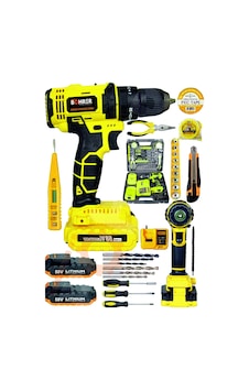 Böhrer 32s Böhr 58v 5ah Darbeli Metal Şanzıman 32 Parça Full Set Yellow Çift Akülü Şarjlı Vidalama Matkap