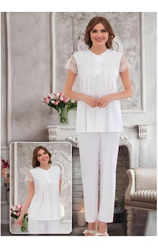Pijamis 2021 Kısa Kol Kadın Lohusa Hamile Pijama Takım Ekru