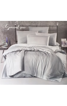 Ecosse Çizgili Saten King Size Nevresim Takımı - Açık Gri Ecosse Çizgili Saten King Size Nevresim Takımı - Açık Gri