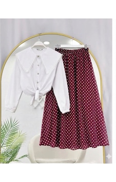 Lovie Moda Kadın Fisto Gömlek Benek Desenli Etekli Takım Bordo Lovie Moda Kadın Fisto Gömlek Benek Desenli Etekli Takım Bordo