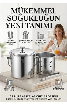 Paslanmaz Inox Parlak Çelik Buz Kovası Seti - Süzgeçli Ve Buz Maşası Hediyeli 723145 4296