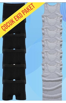 Tezzgelsin Erkek Çocuk Pamuklu Penye 6 Atlet 6 Boxer Gri Siyah