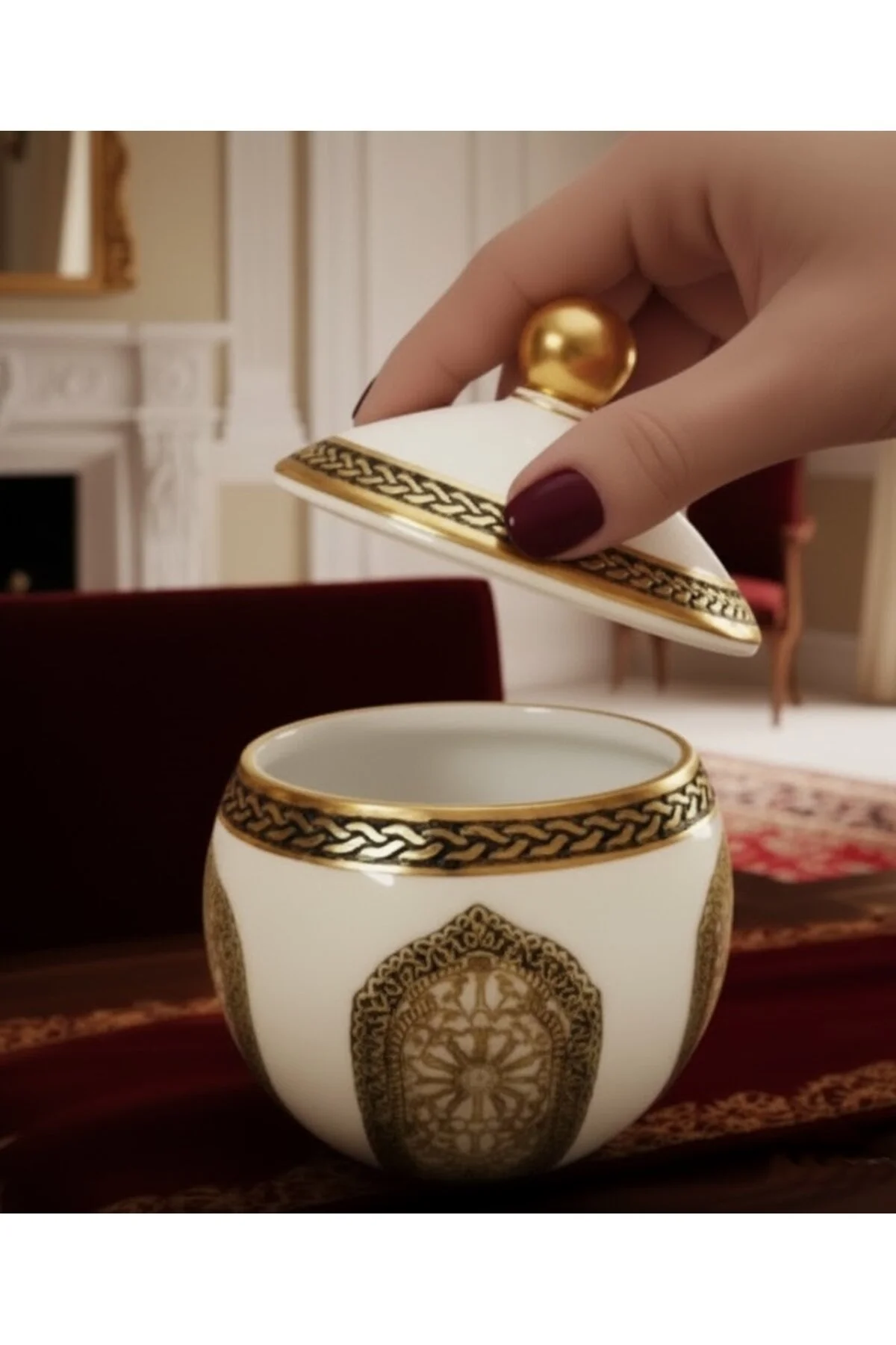 Selçuklu Desen Gold Işlemeli El Işçiliği Krem Kapaklı Şekerlik Selçuklu Desen Gold Işlemeli El Işçiliği Krem Kapaklı Şekerlik