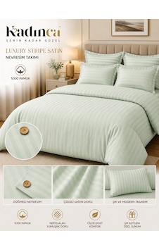 Luxury Stripe Pamuk Saten Nevresim Takımı 6parça Mint Luxury Stripe Pamuk Saten Nevresim Takımı 6parça Mint
