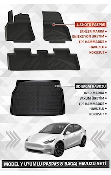 Tesla Model Y 2020-2024 Uyumlu Sahler 4.5d Premium Havuzlu Oto Paspas Ve Liner Marka 3d Bagaj Havuzu