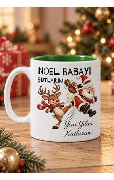 Mesela Yılbaşı Kupası Noel Babayı Şutlarım Desenli Yeşil İçli Hediyelik Kahve Kupa Bardak Beyaz