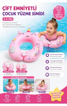 Toyflyer Çift Emniyetli Unicorn Çocuk Yüzme Simidi 2-6 Yaş Pembe Ar003