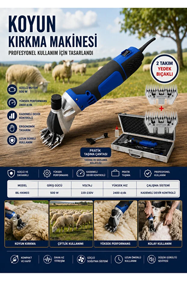 500watt Pro Seri Devir Ayarlı Metal Şanzumanlı Aliminyum Çantalı Koyun Kırkma Makinası 2400dev.