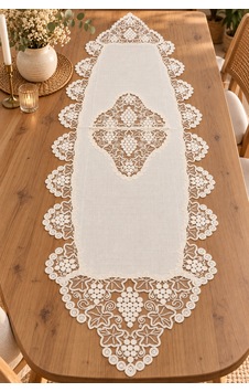 Fransız Dantelli 60x160 Ebat Keten Gardenya Lüx Güpürlü Runner Krem