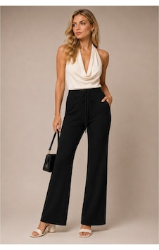 Moda Banuş Bürümcük Kumaş Beli Lastikli Pantolon Siyah Moda Banuş Bürümcük Kumaş Beli Lastikli Pantolon Siyah