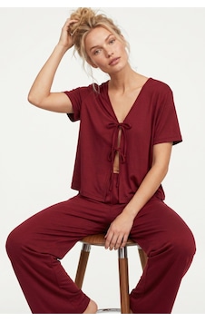 Siyah İnci Bağlamalı Örme Pijama Takım7889 Bordo Siyah İnci Bağlamalı Örme Pijama Takım7889 Bordo