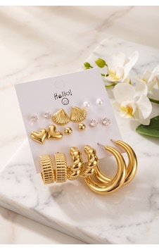 Gold Renk Metalik Kaplamalı Deniz Kabuğu Detaylı Ccb 9 Çift Küpe Seti Tj-bkp12104 Altın Gold Renk Metalik Kaplamalı Deniz Kabuğu Detaylı Ccb 9 Çift Küpe Seti Tj-bkp12104 Altın